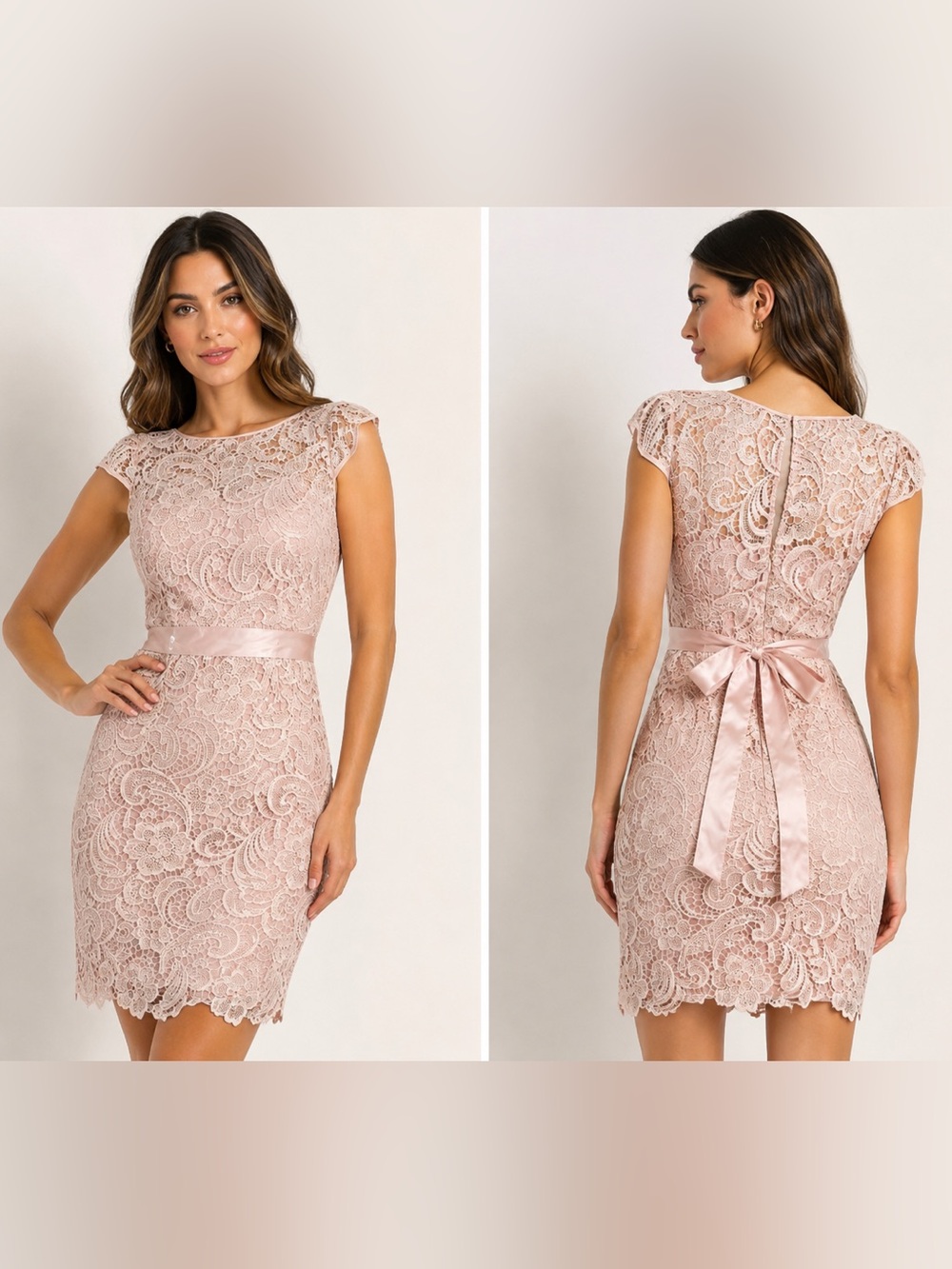 Adrianna Papell NWOT Blush Pink Corded Floral Lace Satin Tie Sheath Dress 2